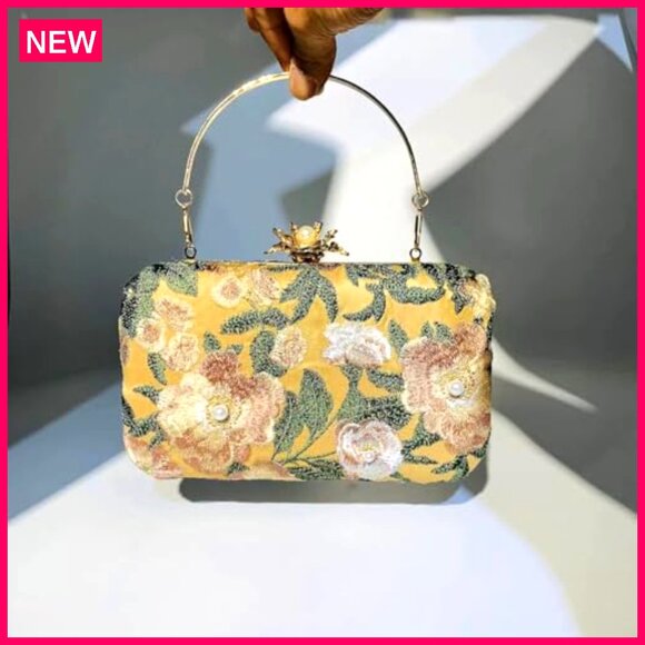 Vintage Embroidered Clutch Evening Bag Pearl Chain Shoulder Purse Wedding Guest - Picture 3 of 8